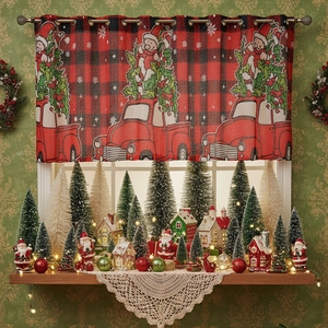 Christmas red buffalo plaid cafe curtain with vintage truck and tree print for window