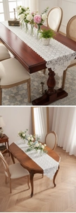 Detailansicht weißer Tischläufer aus Spitze mit floraler Stickerei und eleganten Quasten