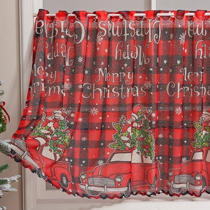 Christmas buffalo plaid cafe curtain with red truck and Merry Christmas print decor