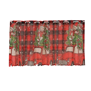 Christmas cafe curtain with red truck and bear patterns on black and red plaid fabric