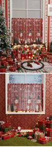 Close-up of red Christmas cafe curtain featuring a snowman print and festive mesh fabric