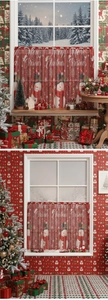 Detail of red Christmas cafe curtain with snowman print and Merry Christmas text