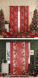 Detail of red Christmas curtain with Santa Claus, Xmas trees and Merry Christmas print