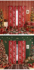 Detail of red Christmas curtains featuring Santa and snowman prints for festive window decor