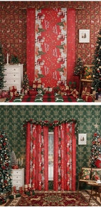 Detail of red Merry Christmas curtains featuring Santa Claus and tree digital prints