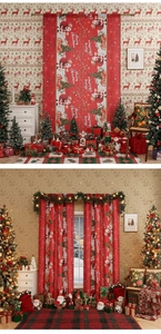 Detail of red Christmas curtain with Santa and tree print for festive home decoration