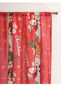 Detail of red Christmas curtain with Santa and tree patterns in a rod pocket design