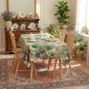 Retro oil painting style floral tablecloth in dark green canvas for home decor