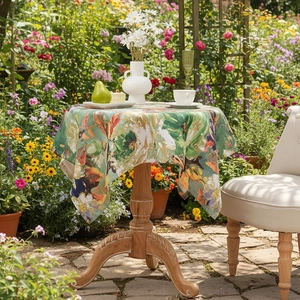 Floral oil painting style round tablecloth with lilies for garden afternoon tea decor