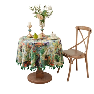 Floral oil painting style round tablecloth with green tassel fringe for home decor