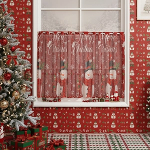 Red Christmas cafe curtain with snowman print and Merry Christmas lace design