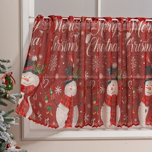 Christmas coffee curtain with red snowman and elf prints and wavy scalloped edge