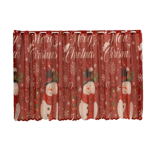 Red Christmas cafe curtain with snowman prints and Merry Christmas lettering on white background