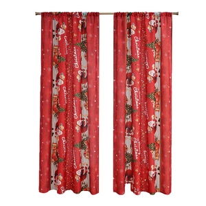 Two-piece red Merry Christmas curtains featuring Santa Claus and Xmas tree patterns
