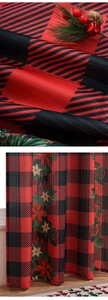 Detailed view of Christmas buffalo plaid curtain fabric with poinsettia floral prints