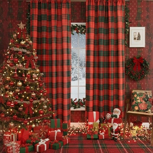Christmas Curtains Red Green Tartan Plaid Polyester Semi Blackout Rod Pocket Window Drapes For Home Holiday Decoration