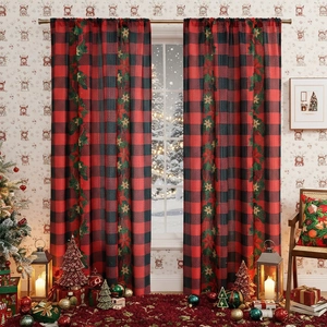 Christmas red and black buffalo plaid curtains with festive poinsettia and holly floral patterns