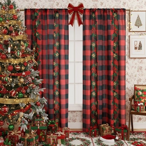 Christmas buffalo plaid curtains with green holly and red bow for holiday window decor