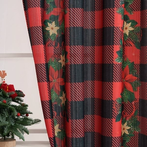Christmas red buffalo plaid window curtain featuring poinsettia flowers and pine needles