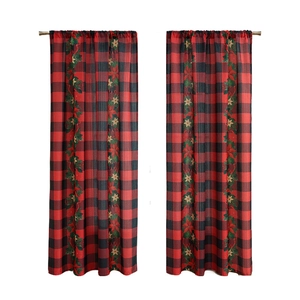 Christmas buffalo plaid window curtains featuring red black check and gold star patterns