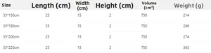 Size chart showing dimensions, weight, and volume for Chinese style table runners