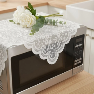 French Vintage Lace Dust Cover With Floral Embroidery Scalloped Edge For Microwave Oven Printer Bedside Table Decorative Tablecloth White
