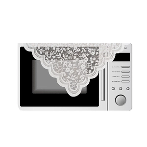 White floral lace dust cover for microwave with scalloped edges and delicate embroidery