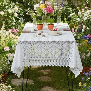 White French vintage rectangle lace tablecloth with floral hollow patterns for garden dining