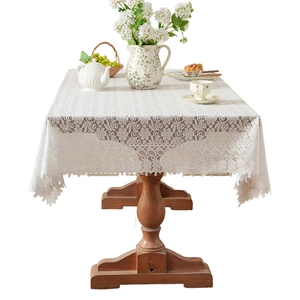 French vintage white floral lace tablecloth with scalloped edges for elegant home decor