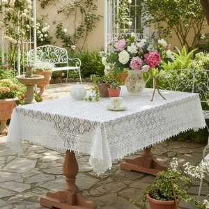 Mantel de Encaje Blanco de Estilo Francés Calado Con Bordado Floral Vintage Elegante Borde Ondulado para Boda Fiesta Cubierta de Mesa