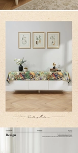 Mid-century modern table runner with vibrant oil painting floral patterns on a white cabinet