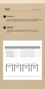 Size guide for vintage table runners showing drape length options for various furniture