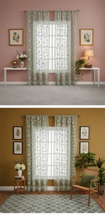 Detail of light green floral lace sheer curtains with embroidered scallop edges