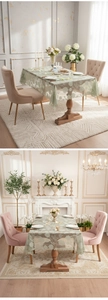 Detailed close-up of light green lace tablecloth with elegant floral embroidery patterns