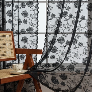 Elegant black lace curtain with floral embroidery and wavy edges for living room windows