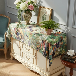 Chemin de Table Vintage Américain Style Peinture à l'Huile Florale Impressionniste Décoration en Polyester Avec Glands