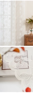 Detail view of white rose lace sheer curtain with elegant floral embroidery and mesh texture