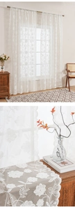 Detail showing delicate white rose embroidery and scalloped edges on lace window sheer