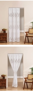 Detailed view of white lace door curtain with grey feather leaf patterns and rod pocket design
