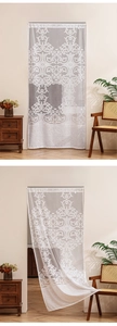 Macro detail of white lace door curtain with vintage floral embroidery and scalloped edges