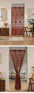 Detailed luxury burgundy lace door curtain with classic scroll pattern and pearl tieback