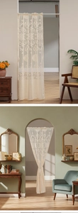 Detail of elegant beige lace door curtain with geometric floral patterns and scalloped edges