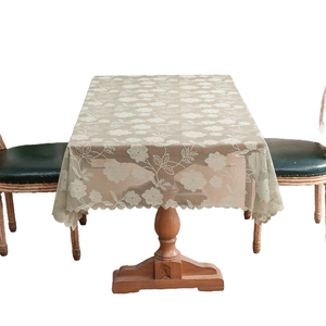 Rectangle beige lace tablecloth with floral embroidery and wavy edges for rustic dining