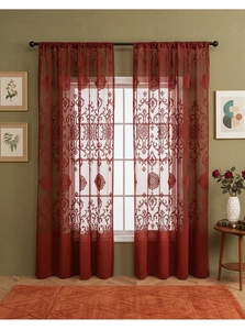 Detail of red damascus lace sheer curtains with rod pocket design in a cozy room
