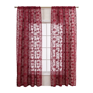 Rideaux en dentelle florale brodée bordeaux avec bords festonnés pour tringle à rideau