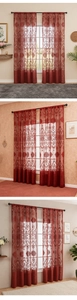 Detail of Nordic wine red lace curtain with scroll pattern and rod pocket design