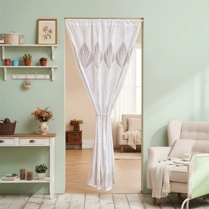 French vintage white lace door curtain with grey feather patterns and middle tie-back