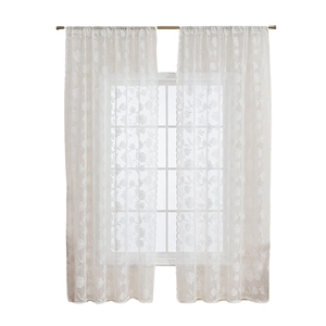White floral embroidered lace curtains with elegant scalloped edges for home decor