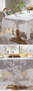 Macro detail of white lace tablecloth showing delicate floral crochet and scalloped edges