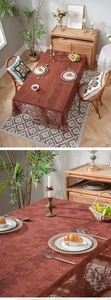 Detail of red-brown lace tablecloth featuring intricate hollow patterns and wavy edges